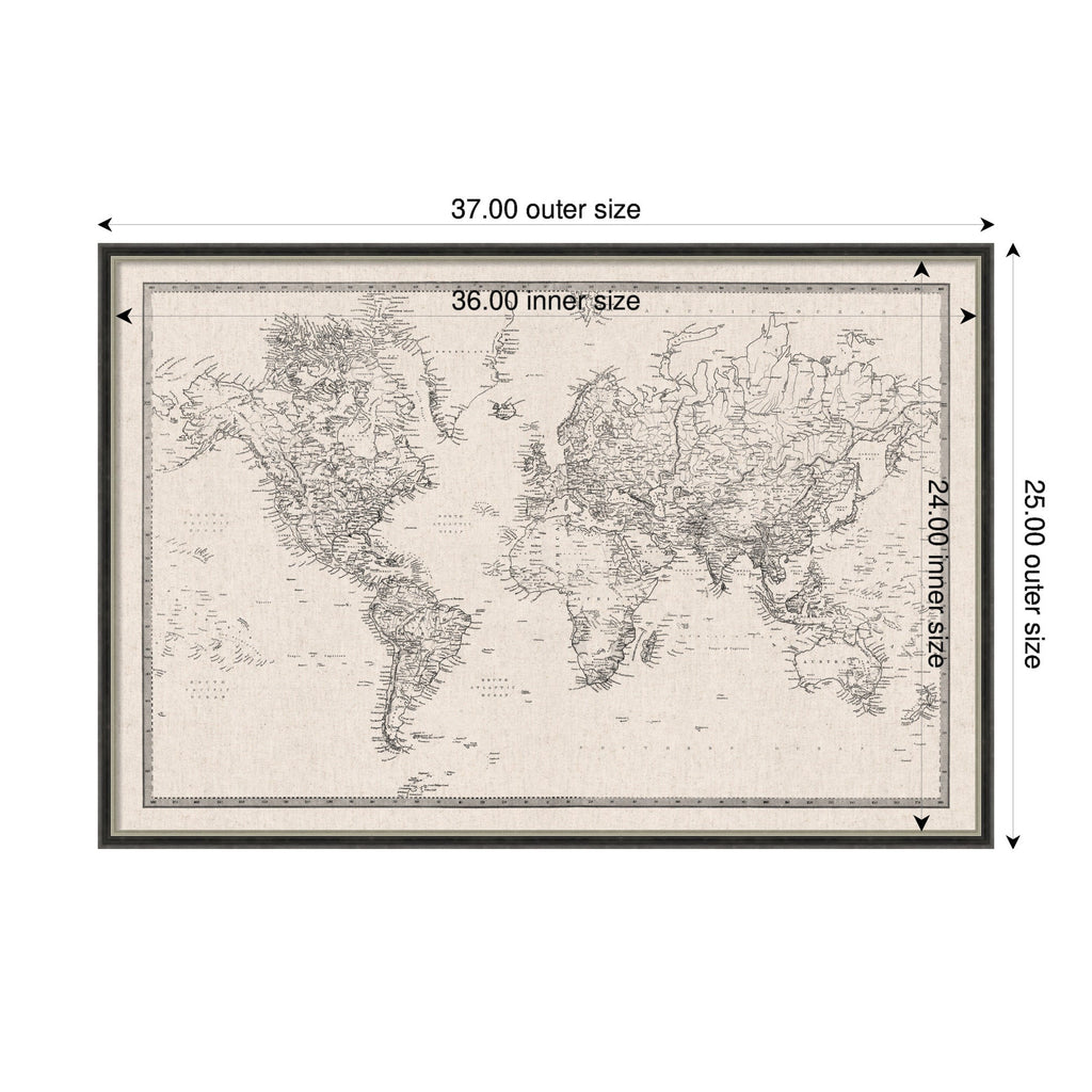 Framed Fabric Pinboard Vintage Black and White Linen World Map Wall Organization