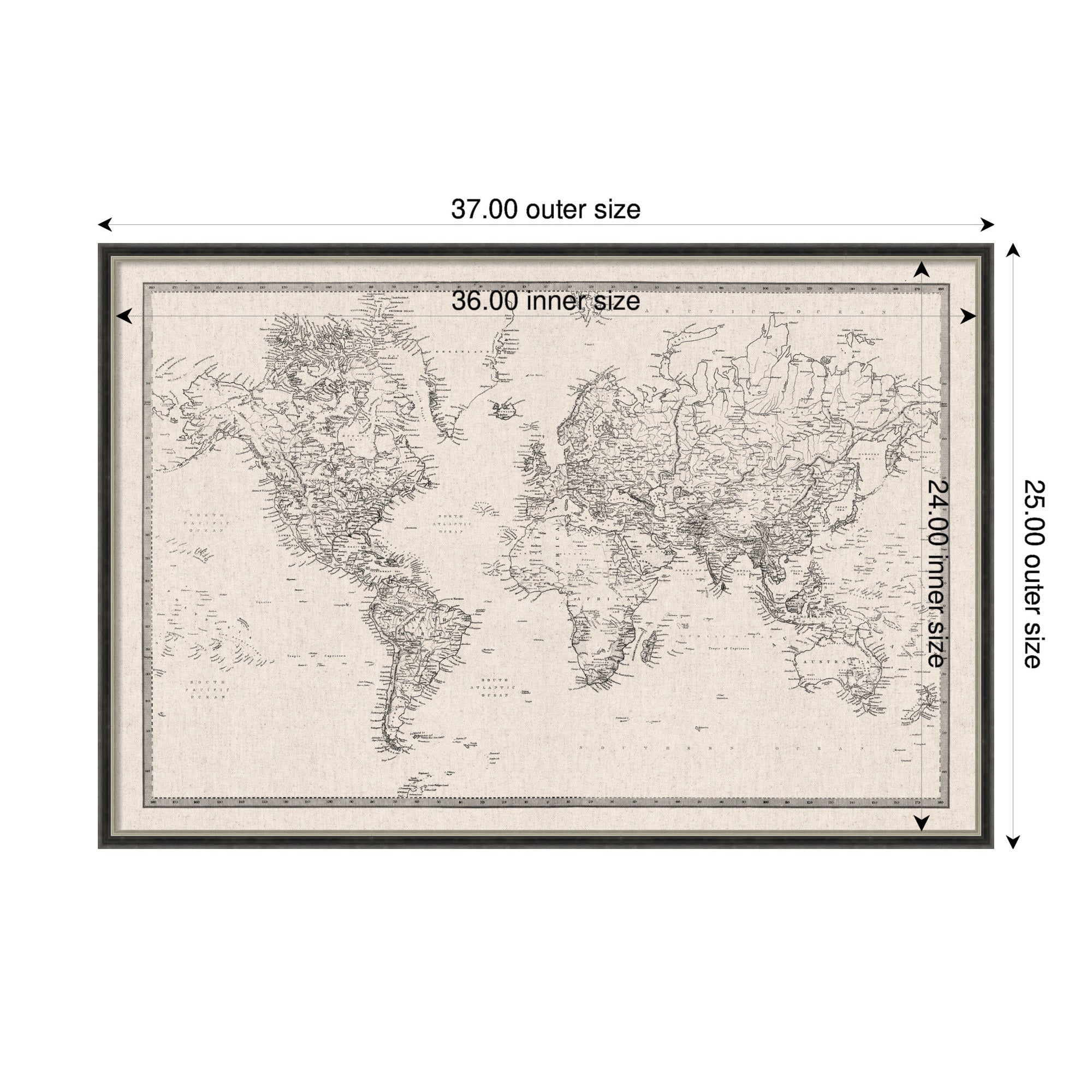 Framed Fabric Pinboard Vintage Black and White Linen World Map Wall Organization