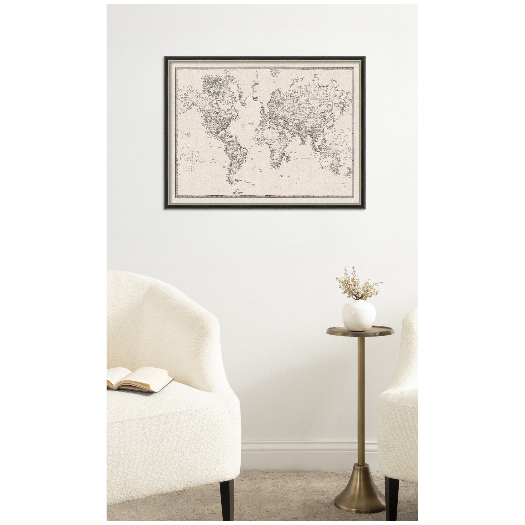 Framed Fabric Pinboard Vintage Black and White Linen World Map Wall Organization