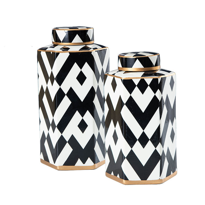 Black & White Geometric Ceramic Storage Jar