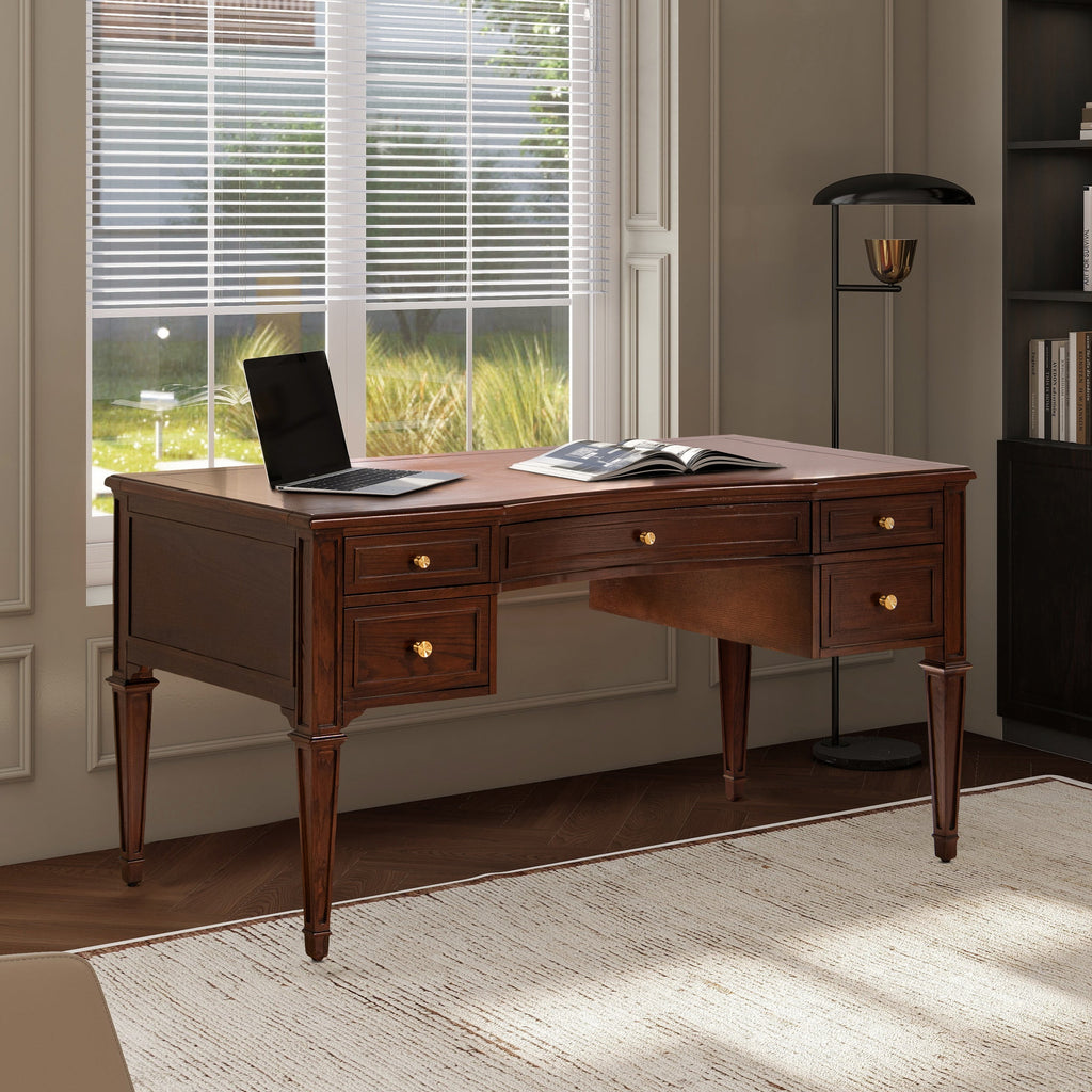 Dauphin Five-Drawer Executive Desk — Dark Walnut & Gold