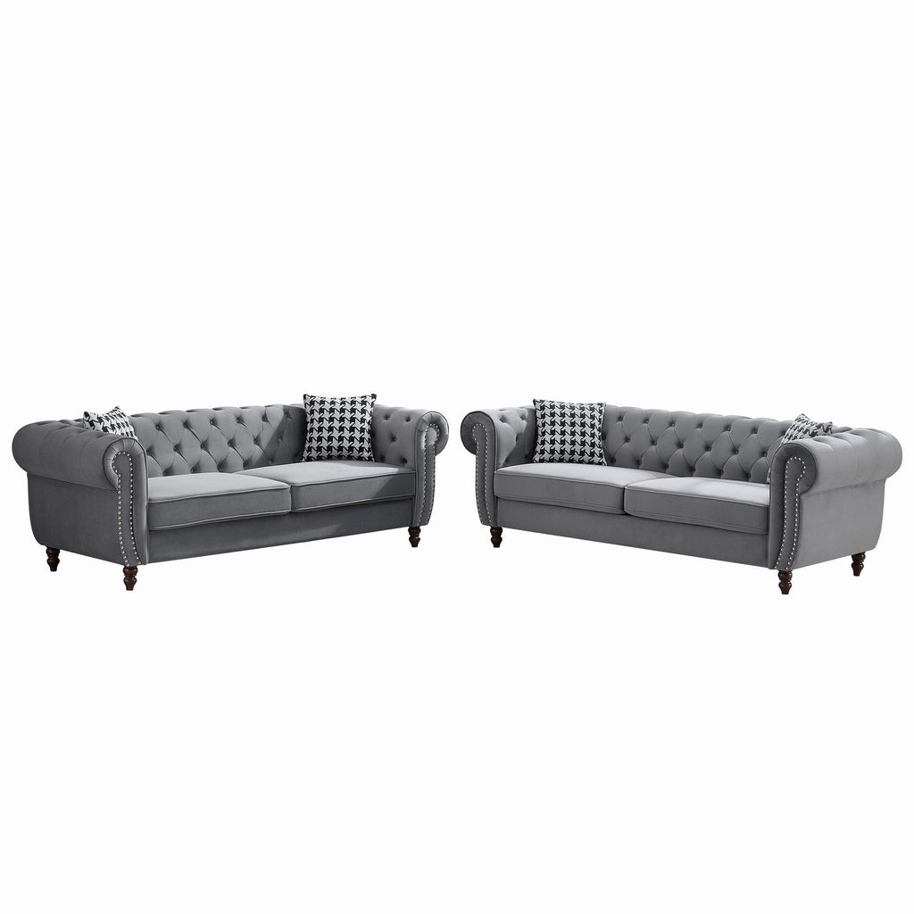 Chesterfield Upholstery Fabric Sofa With Roll Armrest & Nailhead, Mid Century Modern 3 And 3 Seater Couch