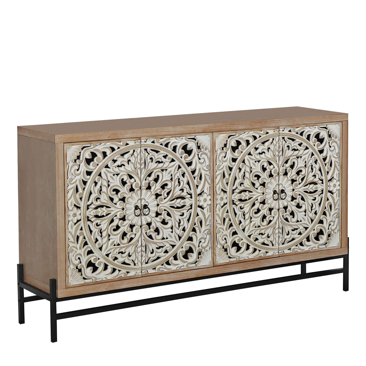 4 Door Wood Cabinet, Vintage Carved Wood with Metal Base