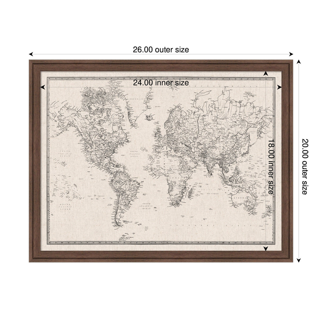 Framed Fabric Pinboard Vintage Black and White Linen World Map Wall Organization
