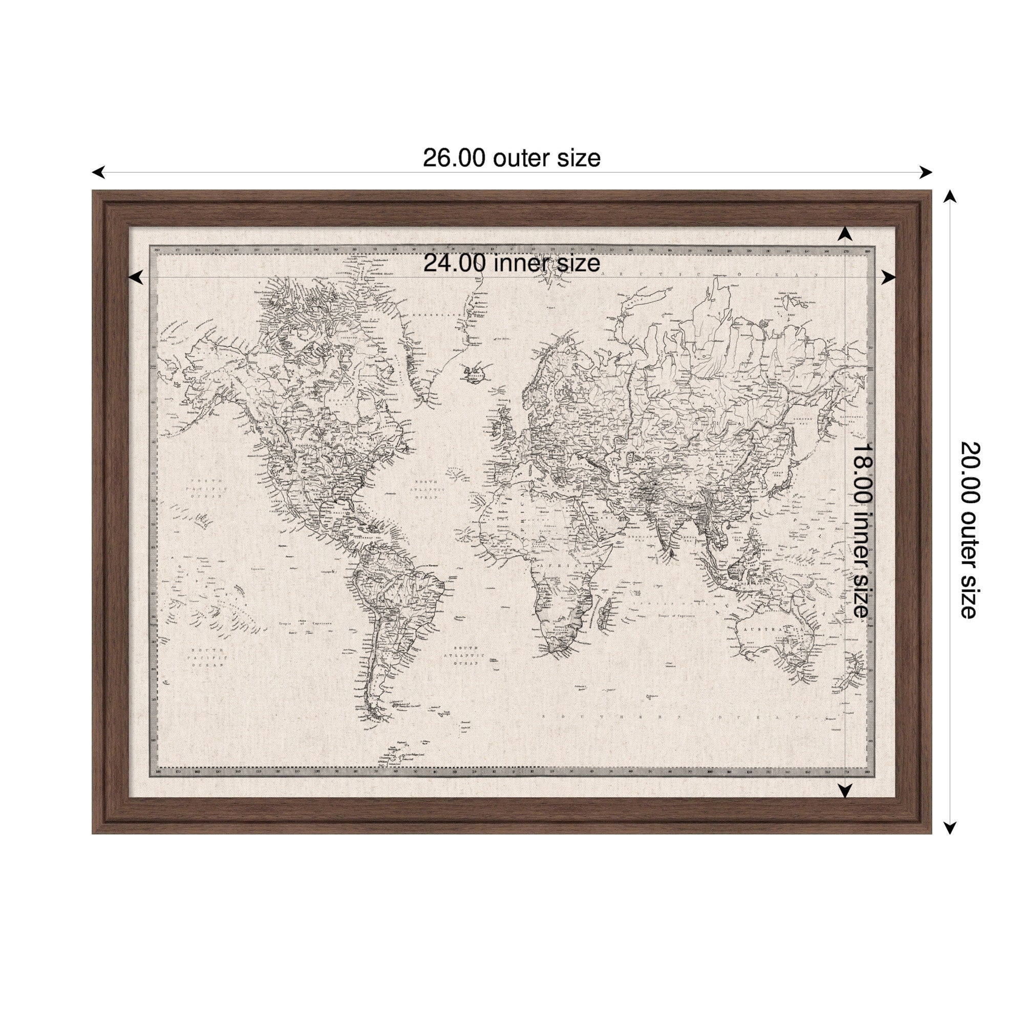 Framed Fabric Pinboard Vintage Black and White Linen World Map Wall Organization