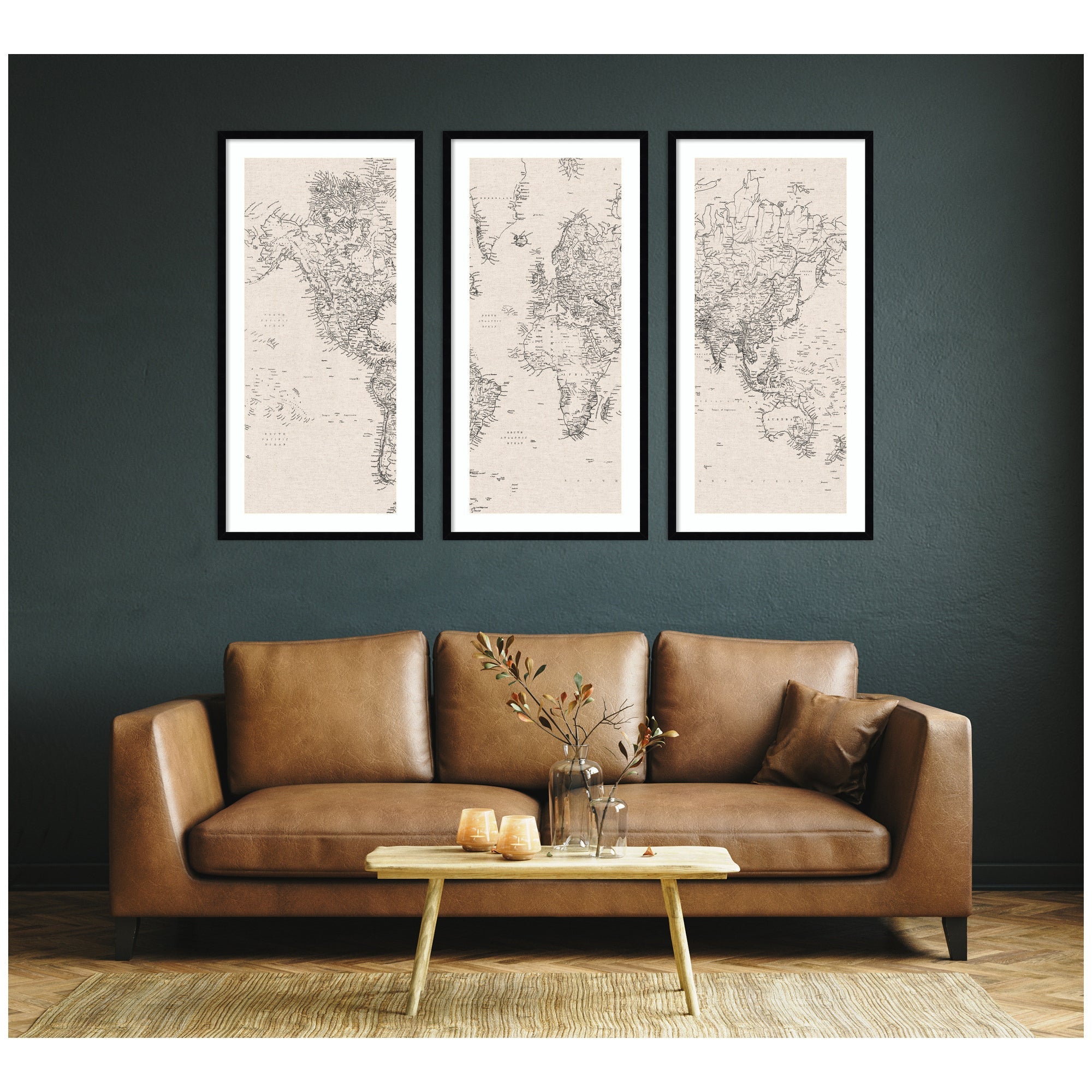 Vintage Black & White World Map — 3-Piece Framed Art Set