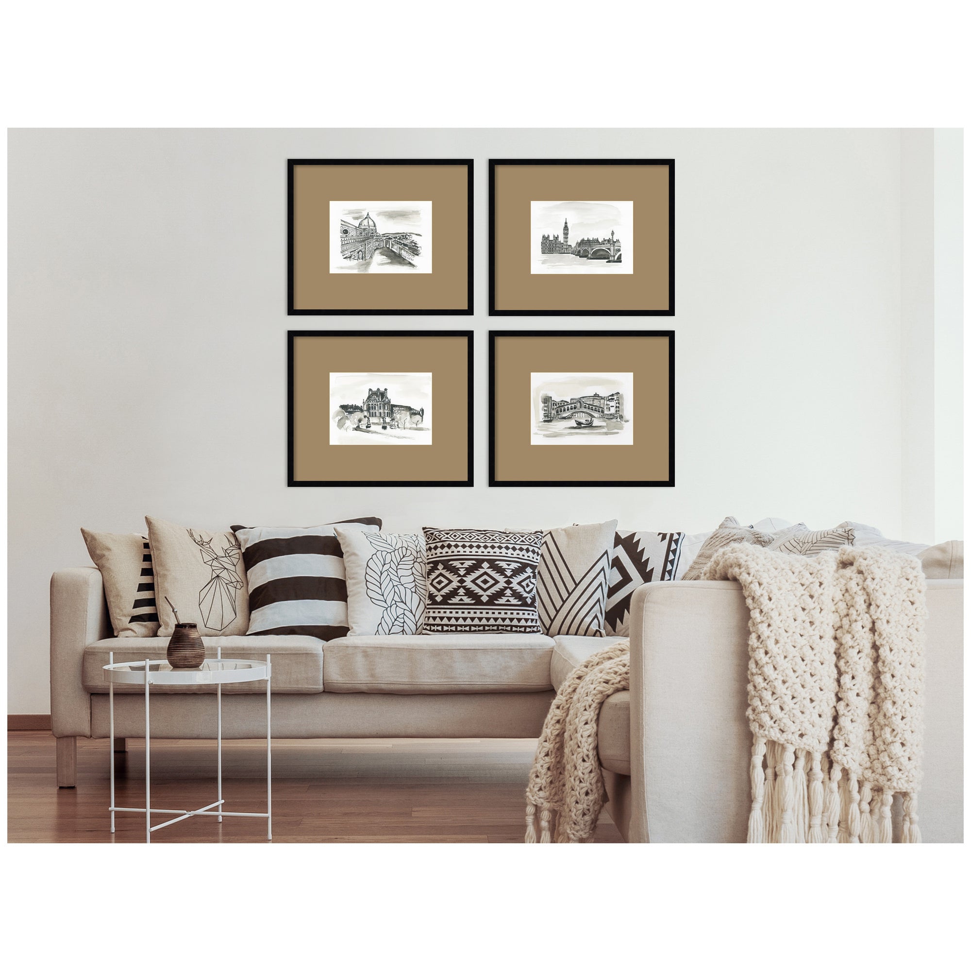 Vintage Europe with Brown Mat — 4-Piece Framed Art Set