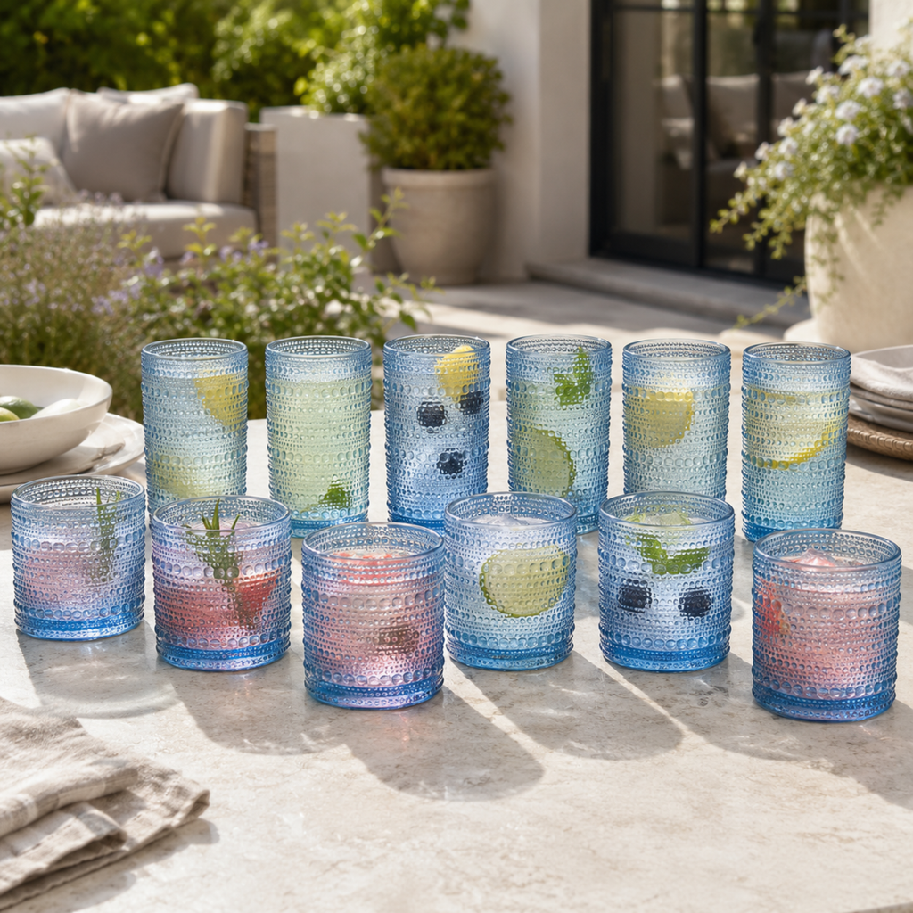 Textured Hobnail Lowball & Highball Glassware, Set of 12