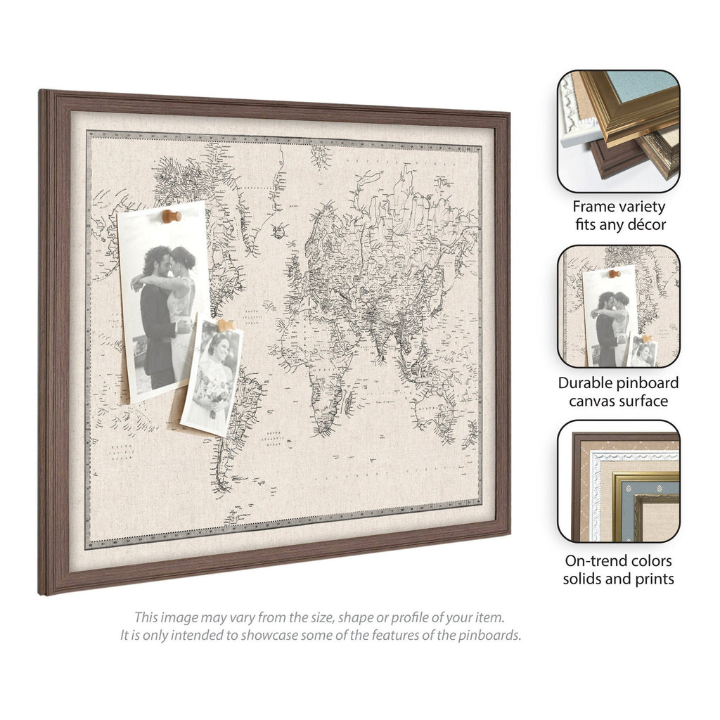 Framed Fabric Pinboard Vintage Black and White Linen World Map Wall Organization