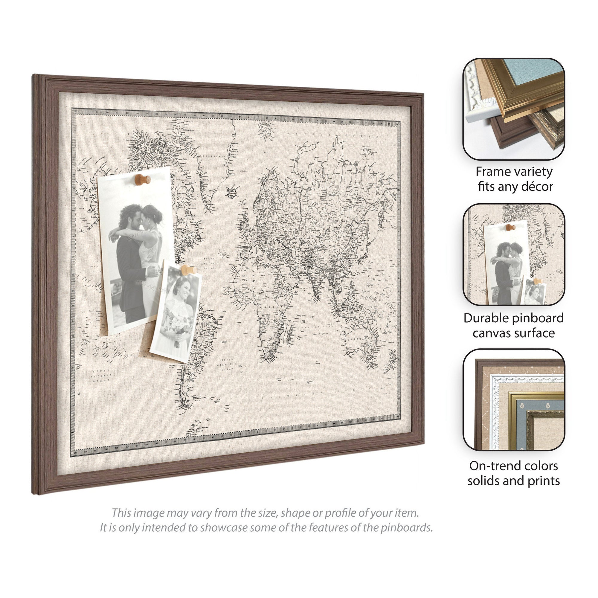 Framed Fabric Pinboard Vintage Black and White Linen World Map Wall Organization