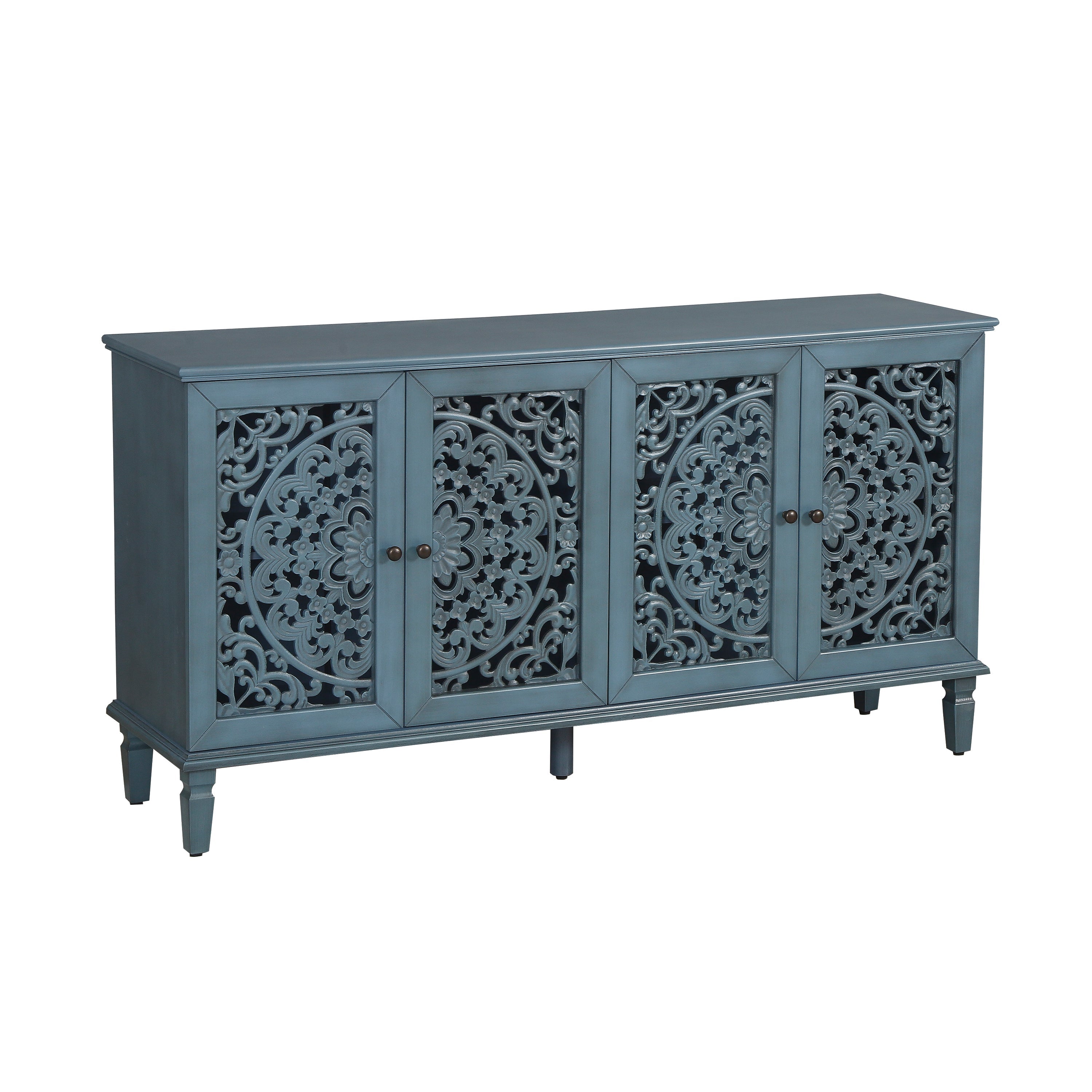 60" Antique Buffet Cabinet with Floral Carvings and Adjustable Shelves