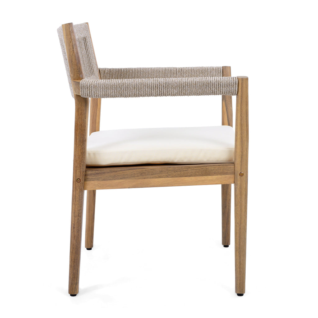 Braided Acacia Wood Outdoor Dining Chairs Set of 2 – Teak Look with Beige Rope & Cream Cushions