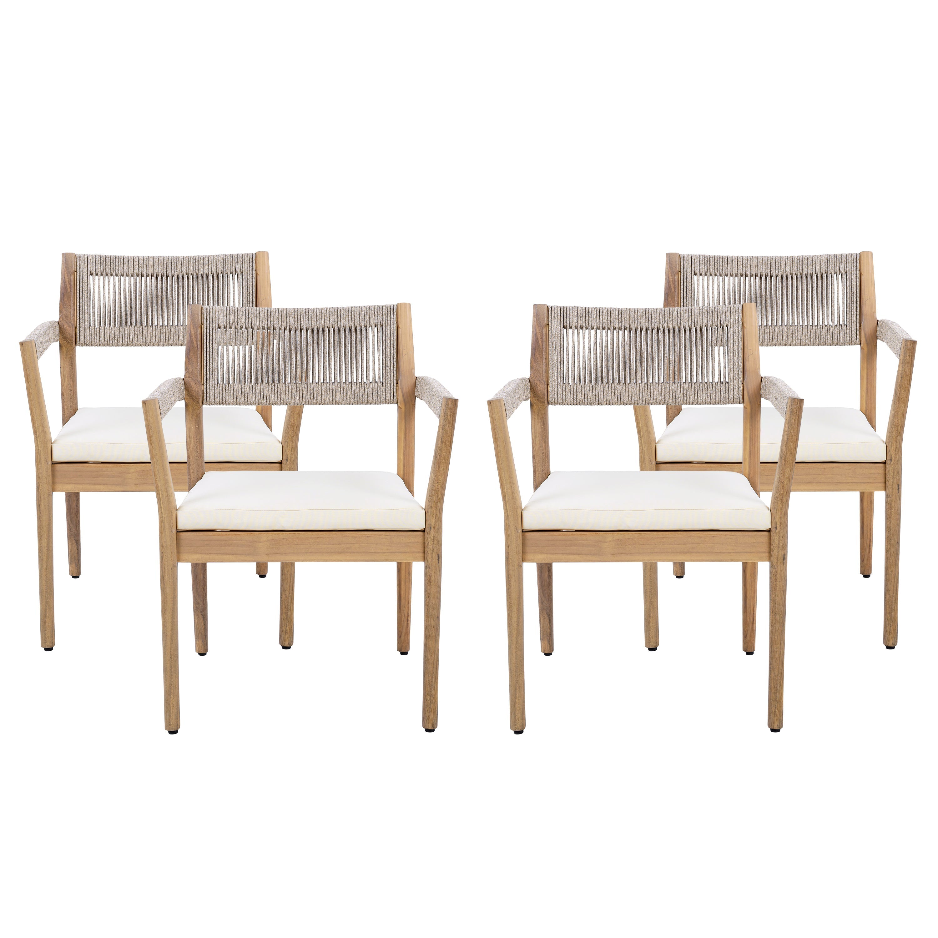 Braided Acacia Wood Outdoor Dining Chairs Set of 4 – Teak Look with Beige Rope & Cream Cushions