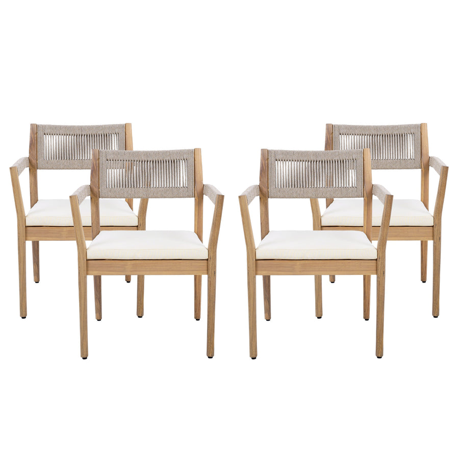 Braided Acacia Wood Outdoor Dining Chairs Set of 4 – Teak Look with Beige Rope & Cream Cushions