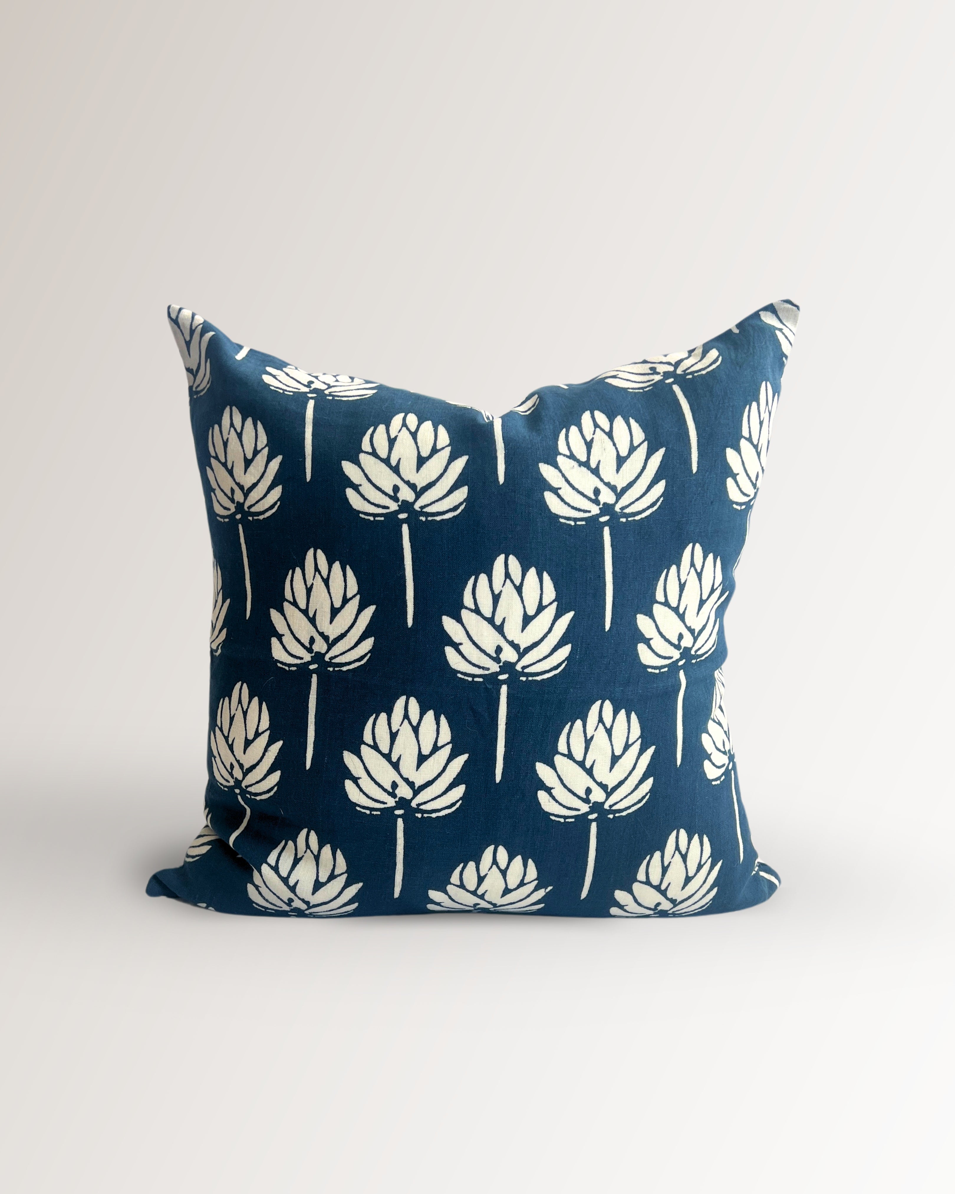 Lotus Bloom Linen Pillow Cover — Navy
