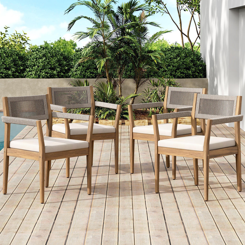 Braided Acacia Wood Outdoor Dining Chairs Set of 4 – Teak Look with Beige Rope & Cream Cushions