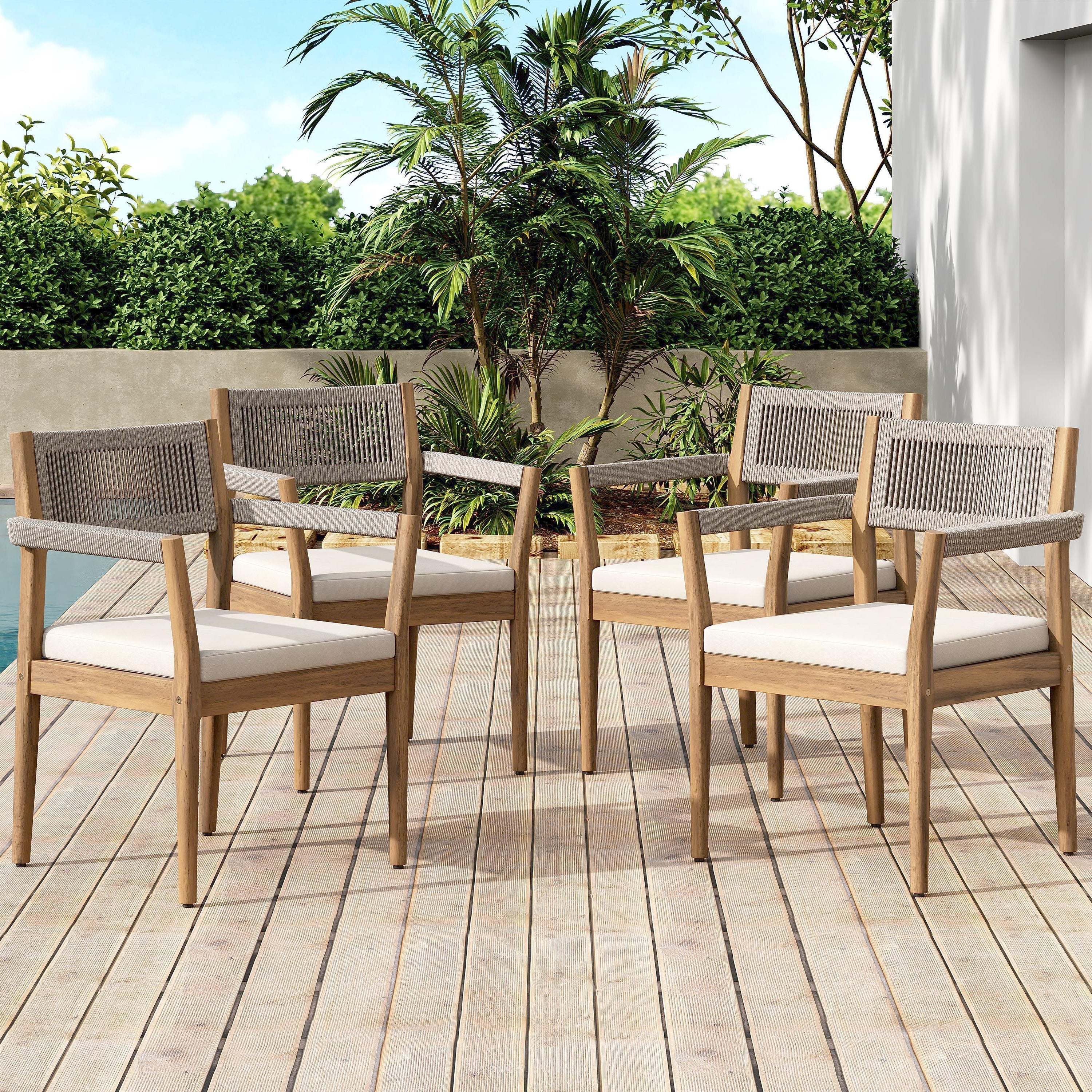 Braided Acacia Wood Outdoor Dining Chairs Set of 4 – Teak Look with Beige Rope & Cream Cushions