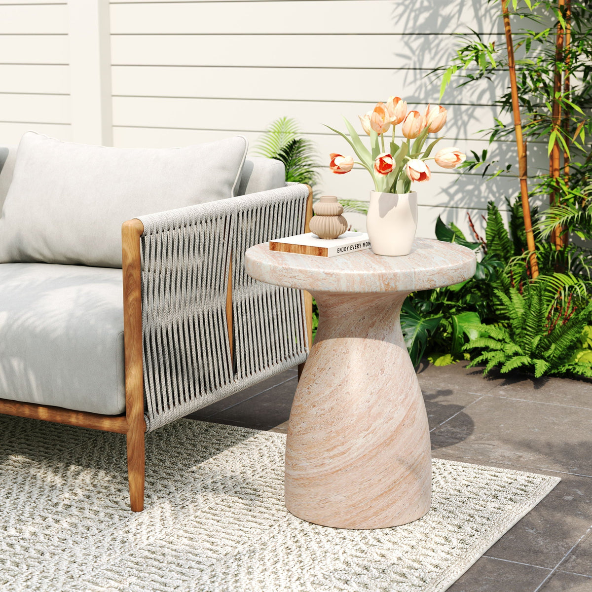 Indoor-Outdoor Lightweight Travertine Side Table