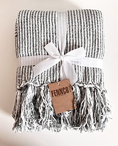Fennco Styles Chenille Woven Striped Tassel Throw Blanket 50" W x 60" L - Grey Soft Blanket for Bed, Couch, Sofa, Home, Office and Holidays Décor