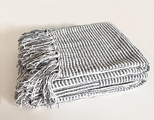 Fennco Styles Chenille Woven Striped Tassel Throw Blanket 50" W x 60" L - Grey Soft Blanket for Bed, Couch, Sofa, Home, Office and Holidays Décor