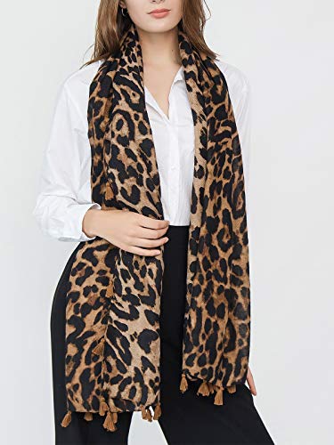 stylesilove Women Elegant Classic Leopard Print Lightweight Cotton Tassel Scarf Wrap Autumn Winter Large Shawl Scarf