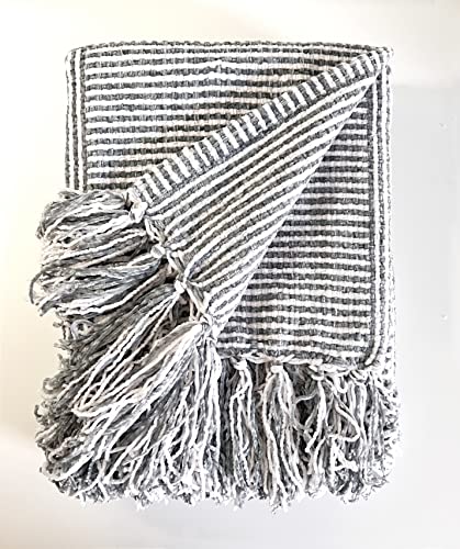 Fennco Styles Chenille Woven Striped Tassel Throw Blanket 50" W x 60" L - Grey Soft Blanket for Bed, Couch, Sofa, Home, Office and Holidays Décor