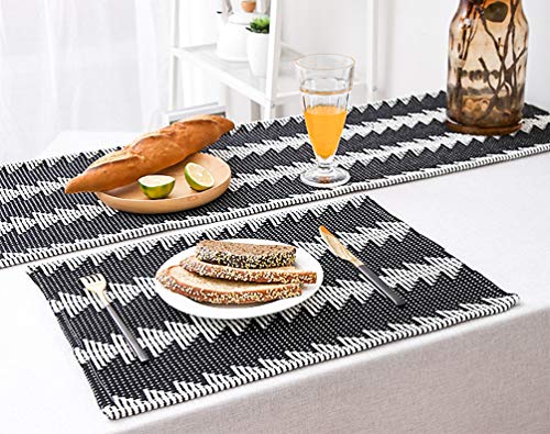 Fennco Styles Reversible Geometric Canvas Cotton Table Runner with Tassels – 14”W x 71”L Black & White Table Cover for Dining Table Décor, Banquets and Holidays