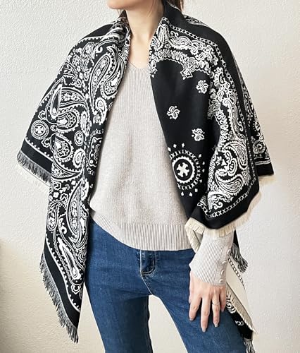 stylesilove Women Black Paisley Reversible Cashmere Scarf Warm Ultra Soft Square Shawl Lightweight Wraps for Autumn and Winter