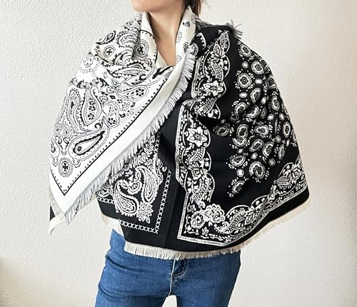stylesilove Women Black Paisley Reversible Cashmere Scarf Warm Ultra Soft Square Shawl Lightweight Wraps for Autumn and Winter