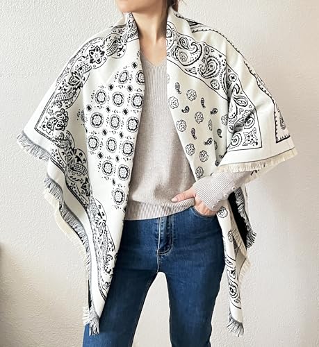 stylesilove Women Black Paisley Reversible Cashmere Scarf Warm Ultra Soft Square Shawl Lightweight Wraps for Autumn and Winter