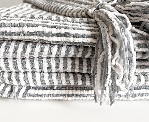 Fennco Styles Chenille Woven Striped Tassel Throw Blanket 50" W x 60" L - Grey Soft Blanket for Bed, Couch, Sofa, Home, Office and Holidays Décor
