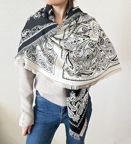 stylesilove Women Black Paisley Reversible Cashmere Scarf Warm Ultra Soft Square Shawl Lightweight Wraps for Autumn and Winter