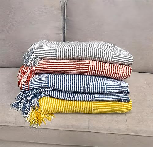 Fennco Styles Chenille Woven Striped Tassel Throw Blanket 50" W x 60" L - Grey Soft Blanket for Bed, Couch, Sofa, Home, Office and Holidays Décor