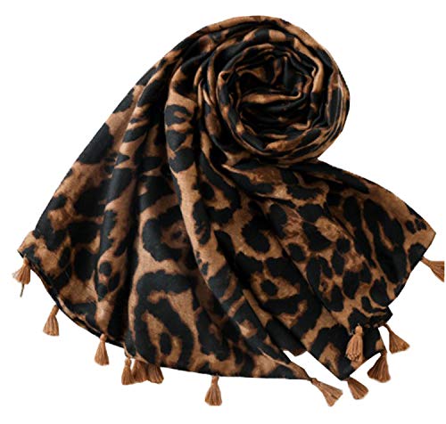 stylesilove Women Elegant Classic Leopard Print Lightweight Cotton Tassel Scarf Wrap Autumn Winter Large Shawl Scarf