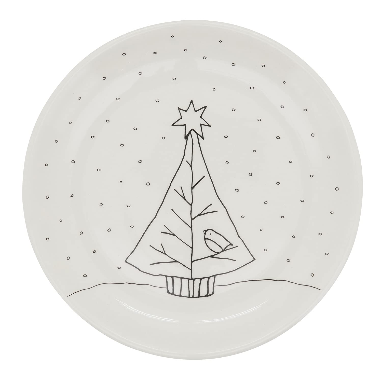 Fennco Styles Cartoon Christmas Tree Holiday Salad Plates 8" Round, Set of 4 - White Dolomite Serving Plate for Home, Christmas Décor, Kitchen, Family Gathering and Special Occasion