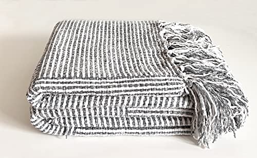 Fennco Styles Chenille Woven Striped Tassel Throw Blanket 50" W x 60" L - Grey Soft Blanket for Bed, Couch, Sofa, Home, Office and Holidays Décor