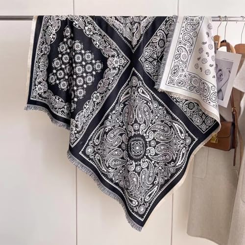 stylesilove Women Black Paisley Reversible Cashmere Scarf Warm Ultra Soft Square Shawl Lightweight Wraps for Autumn and Winter