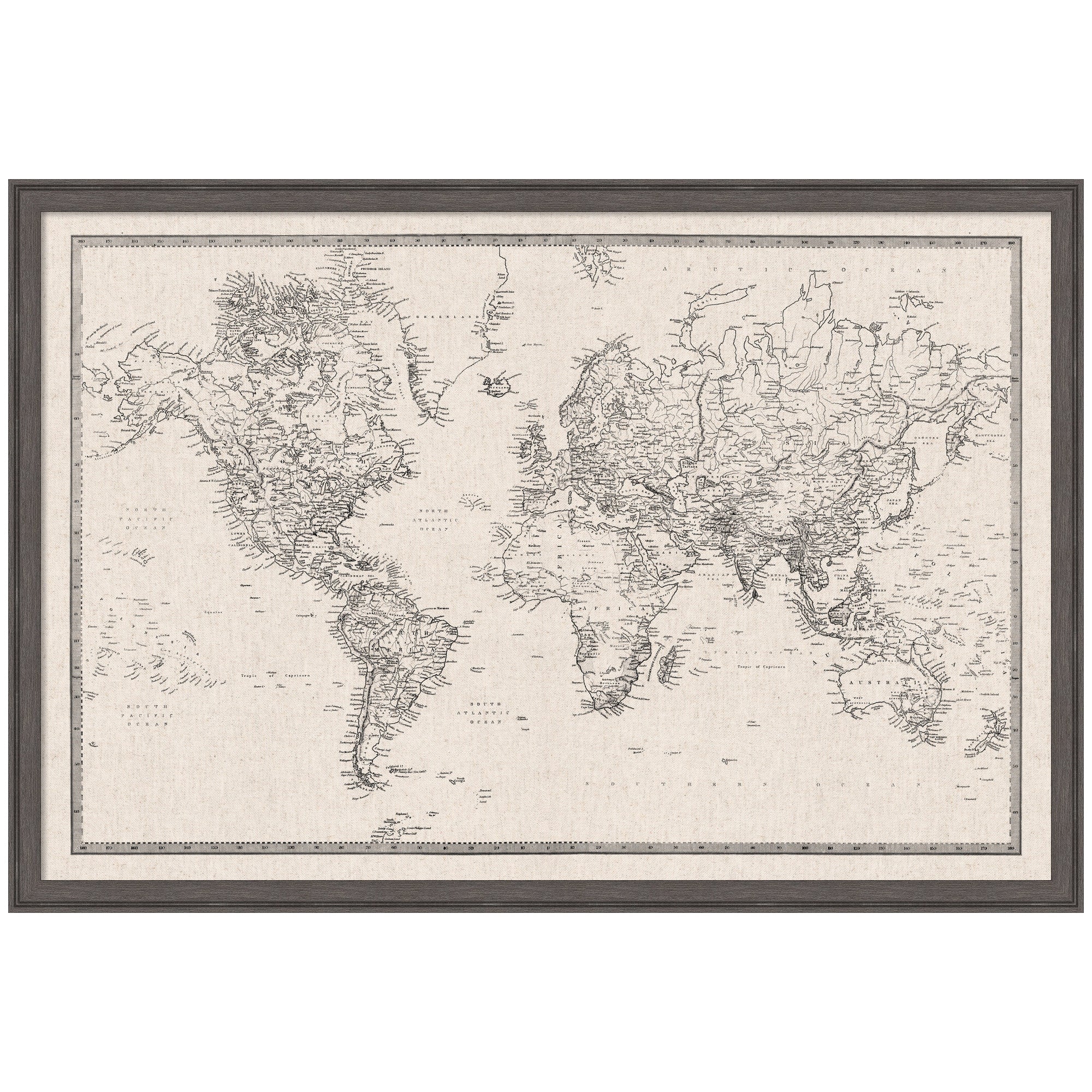Framed Fabric Pinboard Vintage Black and White Linen World Map Wall Organization