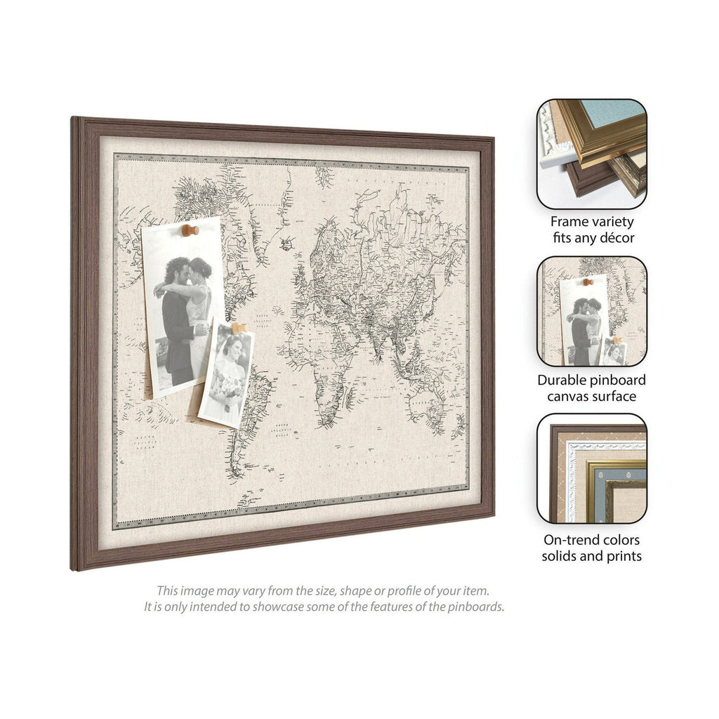 Framed Fabric Pinboard Vintage Black and White Linen World Map Wall Organization
