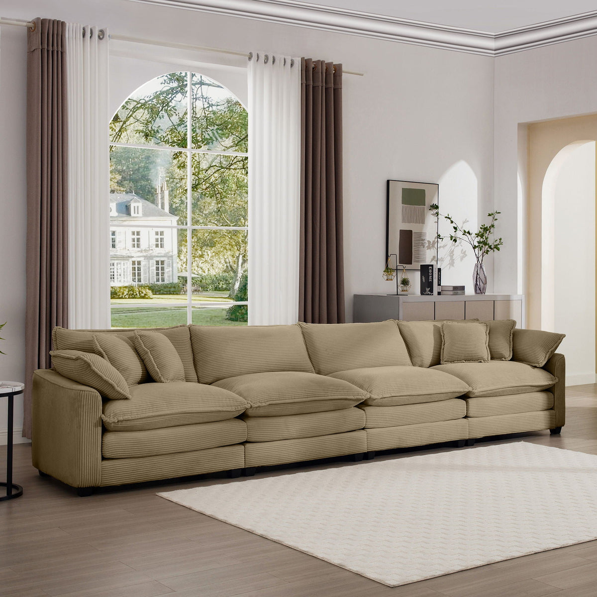 Modern Upholstered 4 Seater Fabric Sofa With Arm And Throw Pillows