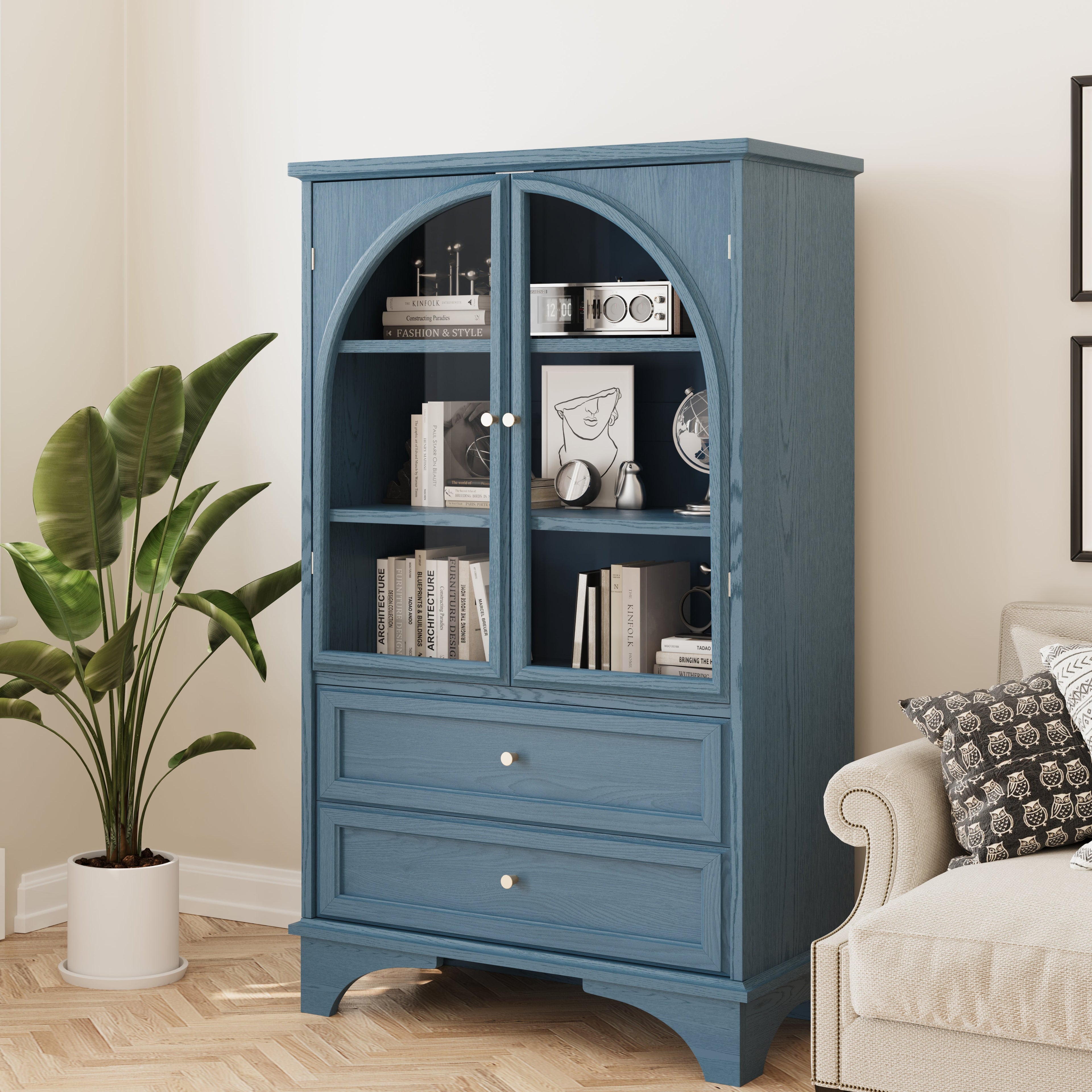 52.17"H Glass Door Display Case Storage Cabinet with 2 Drawers and Adjustable Shelf