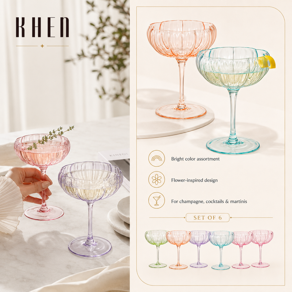 Flower Coupe Cocktail Glasses | Set of 6 | Bright Colors