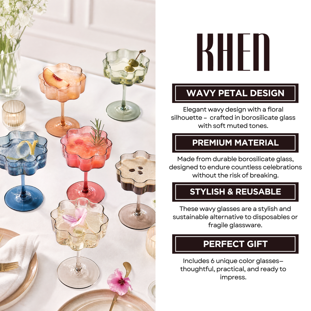 Flower Wave Coupe Cocktail Colored Glasses | Set of 6 | Muted Colors