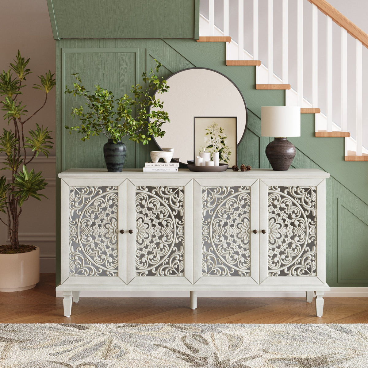 60" Antique Buffet Cabinet with Floral Carvings and Solid Wood Legs