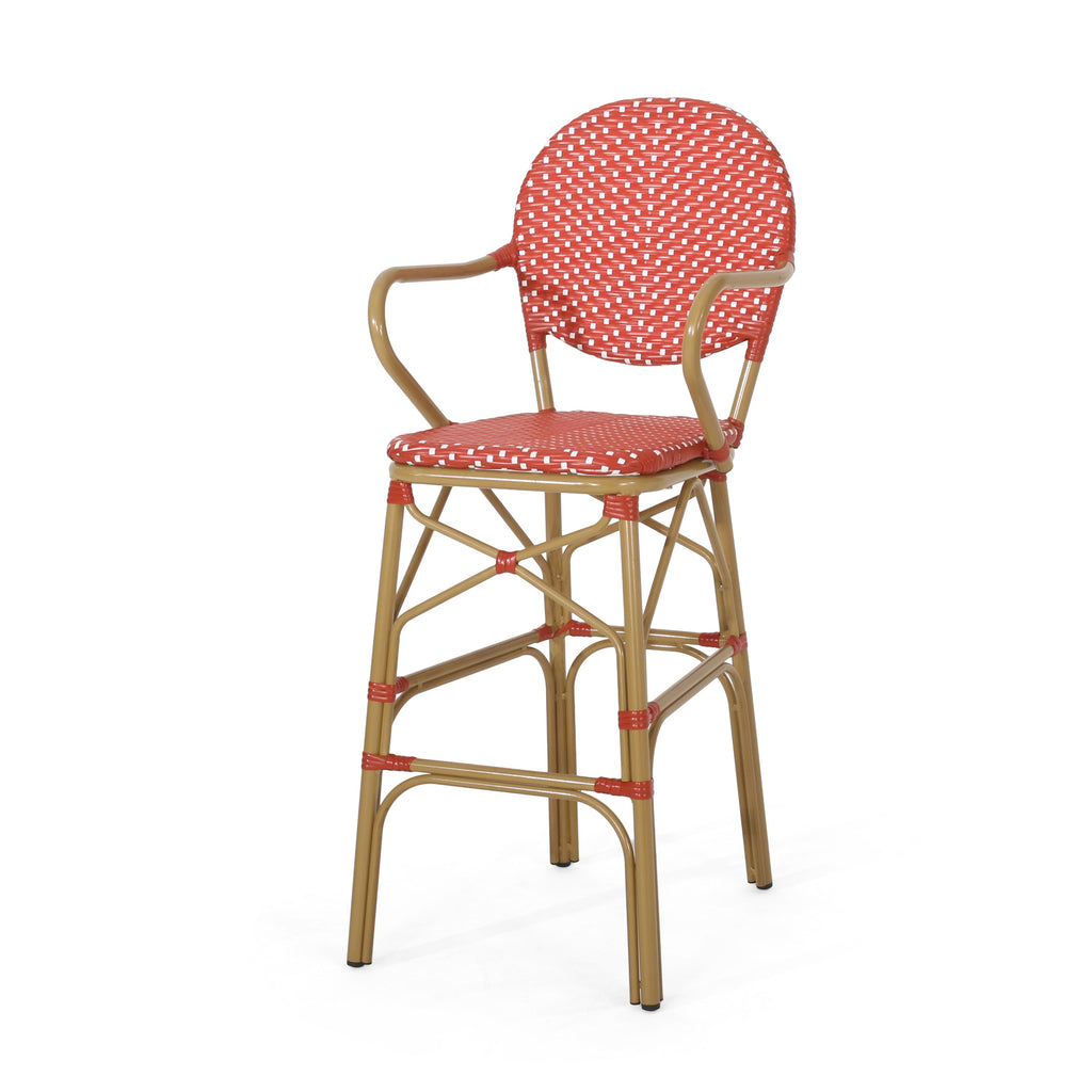 Outdoor Wicker and Aluminum French Barstools, Set of 2