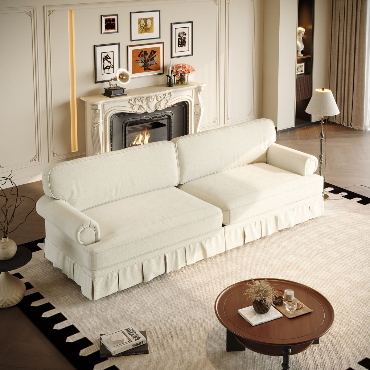 Rolled-Arm Cloud Sofa with Pleated Skirt