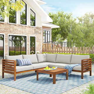 Wood Outdoor Sofa Set with Beige Cushions