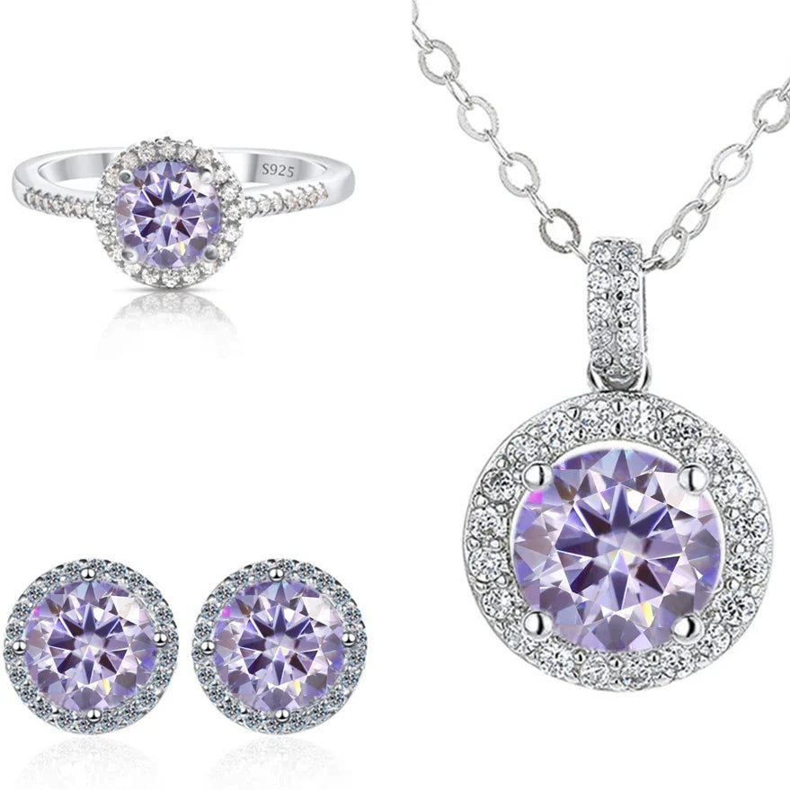 6.5mm Moissanite 925 Sterling Silver Bridal Jewelry Set Ring Earring Pendant