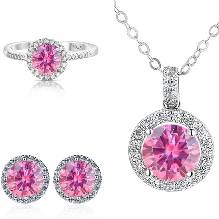 6.5mm Moissanite 925 Sterling Silver Bridal Jewelry Set Ring Earring Pendant