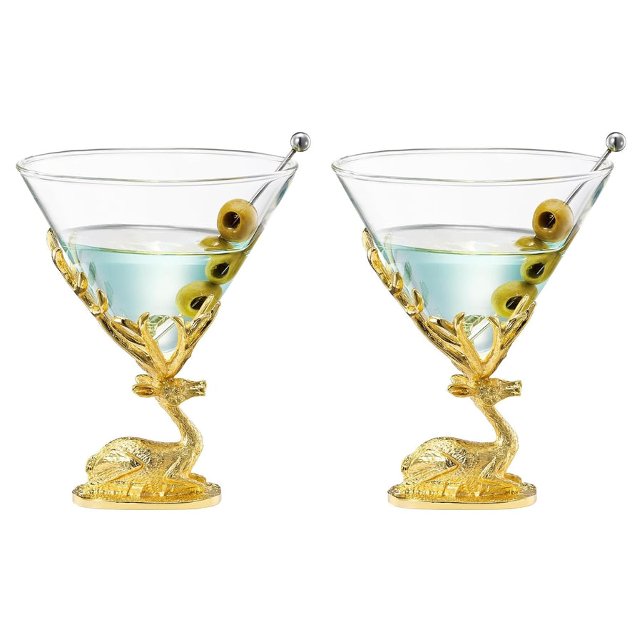 Stag Antler Cocktail Glasses Set of 2 Gold Deer Design Elegant Animal Inspired Barware